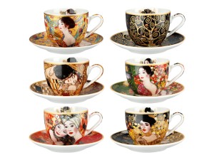 Carmani 6 filiżanek do espresso 80 ml ze spodkami, motywy z malarstwa Klimta