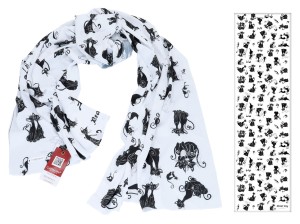 Carmani Crazy Cats szal 120x45 cm, czarne koty na białym