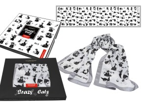 Carmani Crazy Cats szal 180x45 cm - czarne koty na białym tle, szare obramowanie