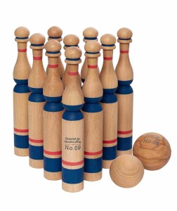 Wooden Story Kręgle Niebieskie 22,5 cm - 10 szt., i 2 kule śr. 6,5 i 5,5 cm