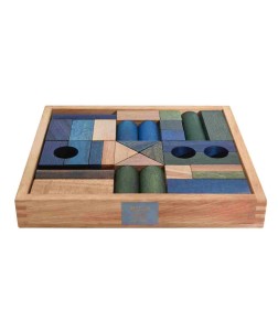 Wooden Story zestaw 30 klocków w skrzynce, kolory: niebieski, zielony i naturalny