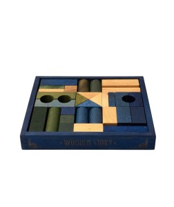 Wooden Story zestaw 30 kolorowych klocków w niebieskiej skrzynce, ekologiczne drewno