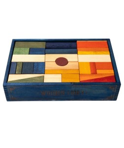 Wooden Story zestaw 63 kolorowych klocków w niebieskiej skrzynce, ekologiczne drewno