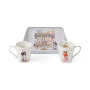 Royal Worcester 2 kubki i tacka 180 ml — Wrendale — Idą Święta