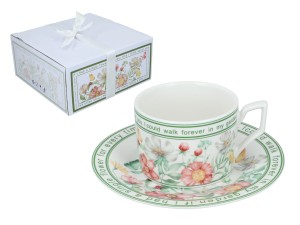 Carmani porcelanowa filiżanka 320 ml ze spodkiem, motyw kwiatowy