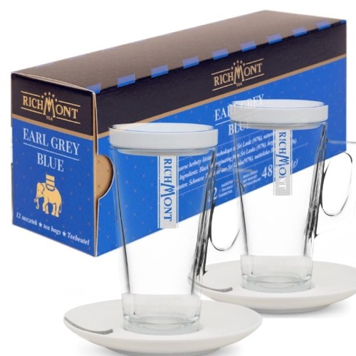 Richmont Earl Grey Blue 12x4g z 2 szklankami Hot 370 ml, z porcelanowymi dodatkami