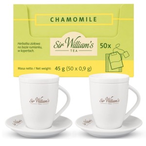 Sir William's Chamomile 50x0,9g i 2 kubki 250 ml z wieczkami i spodkami
