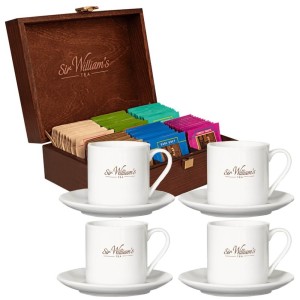 Sir William's Tea 90 herbat w skrzynce i 4 kubki 220 ml ze spodkami