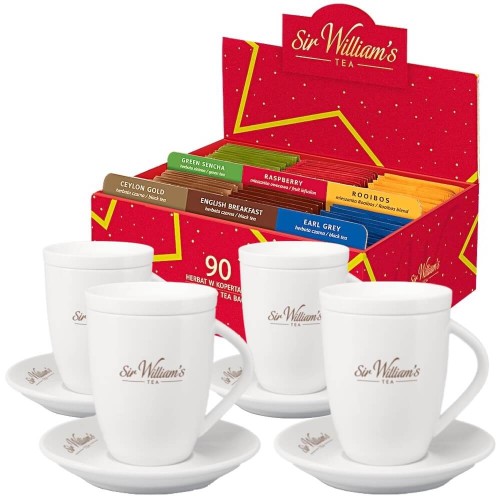 Sir William's 90 herbat w pudełku i 4 kubki 250 ml ze spodkami i wieczkami.jpg