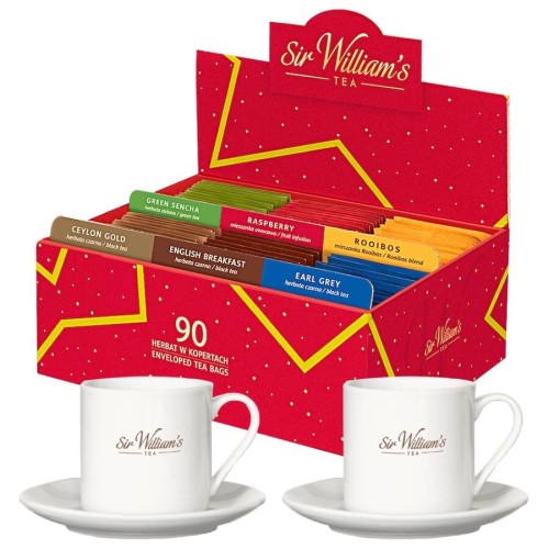 Sir William's 90 herbat w czerwonym pudełku upominkowym i 2 kubki 220 ml ze spodkami.jpg