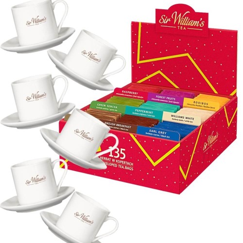 Sir William's 135 herbat w czerwonym pudełku upominkowym i 6 kubków 220 ml ze spodkami.jpg