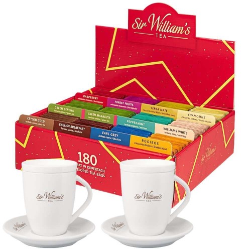 Sir William's 180 herbat w czerwonym pudełku upominkowym i 2 kubki 250 ml.jpg