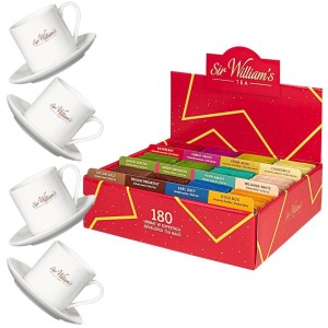 Sir William's Tea 180 herbat w czerwonym pudełku i 4 kubki 220 ml ze spodkami 