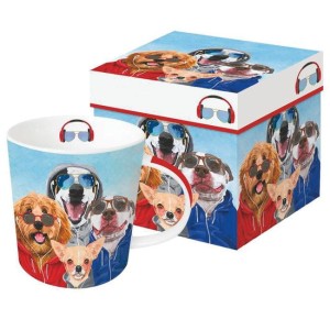 PPD kubek 400 ml z porcelany magnezowej, motyw: Psy w okularach,  ozdobne pudełko