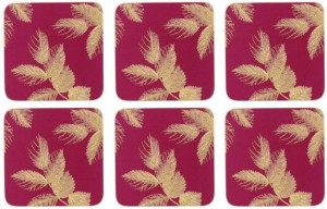 Pimpernel Sara Miller Etched Leaves Pink - zestaw 6 podkładek stołowych 10x10 cm z motywem złotych gałązek