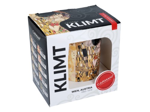 Carmani porcelanowy kubek 360 ml, G. Klimt, Pocałunek, kremowe tło - w opakowaniu.jpg