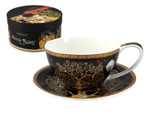 Carmani filiżanka ze spodkiem 340 ml,  Klimt, Drzewo życia, czarne tło 