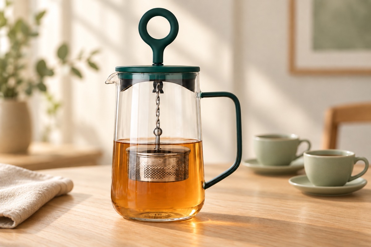 La Cafetière Gyro 1,25 l — szklany dzbanek z zielonym uchwytem i herbatą na stoliku, gładkie filiżanki w tle